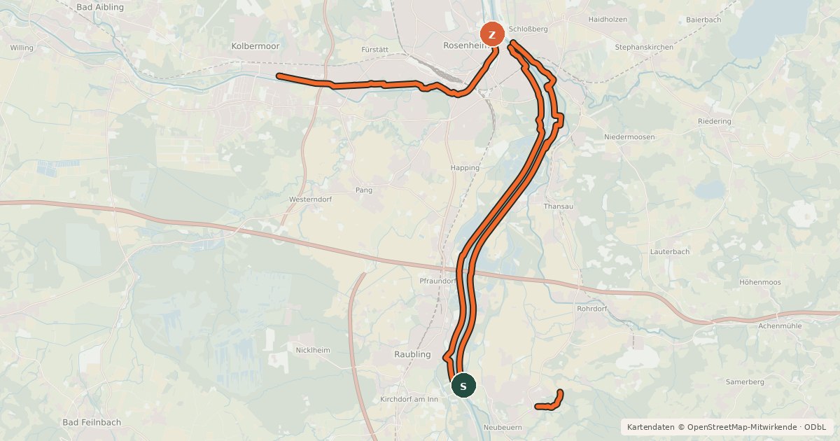 Kartenübersicht der Radroute Radeln rund um Rosenheim