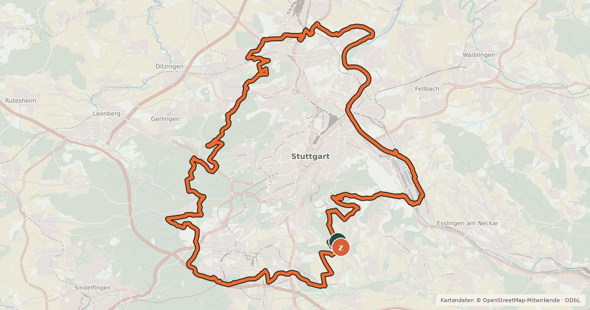 Kartenübersicht der Radroute Radelthon Stuttgart