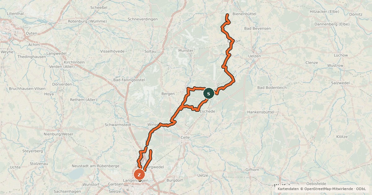 Kartenübersicht der Radroute Radfernweg Hannover-Lüneburg