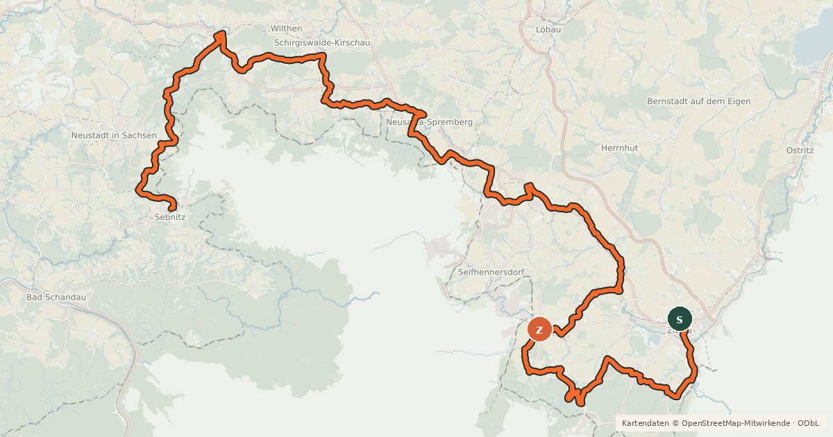 Kartenübersicht der Radroute Radfernweg Sächsische Mittelgebirge
