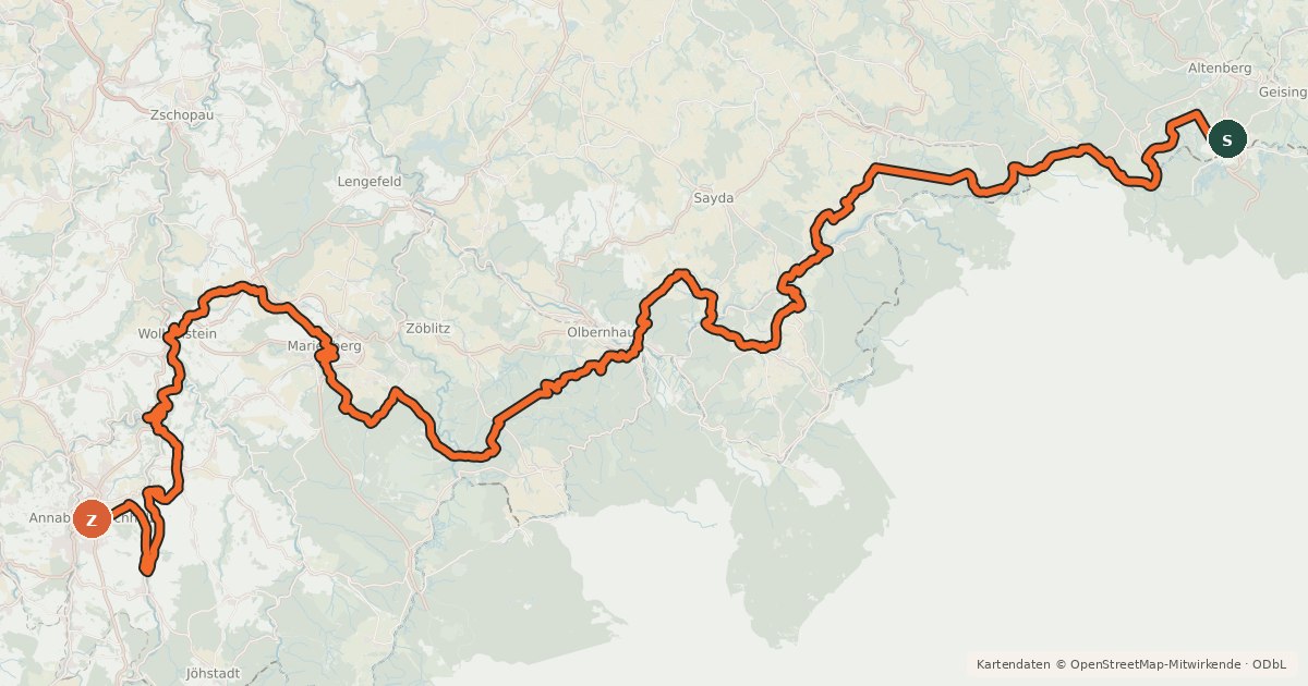 Kartenübersicht der Radroute Radfernweg Sächsische Mittelgebirge [Altenberg↔Annaberg]