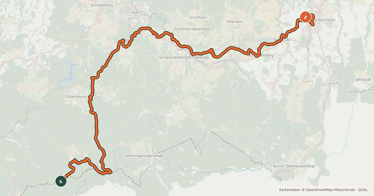 Kartenübersicht der Radroute Radfernweg Sächsische Mittelgebirge [Annaberg↔Schöneck]