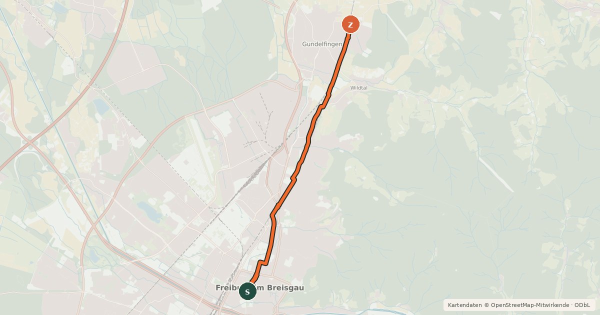 Kartenübersicht der Radroute RadNETZ Freiburg - Gundelfingen
