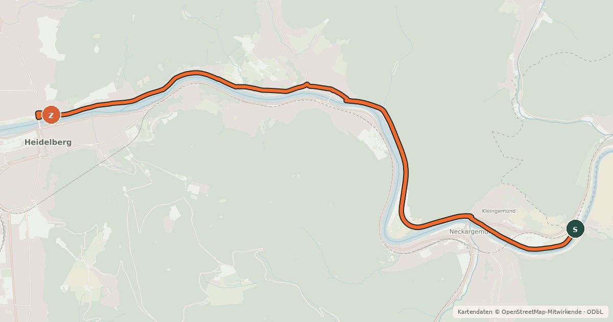 Kartenübersicht der Radroute RadNETZ Heidelberg - Neckargemünd (rechte Neckarseite)