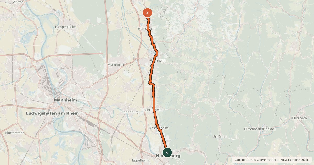 Kartenübersicht der Radroute RadNETZ Heidelberg - Weinheim - Laudenbach