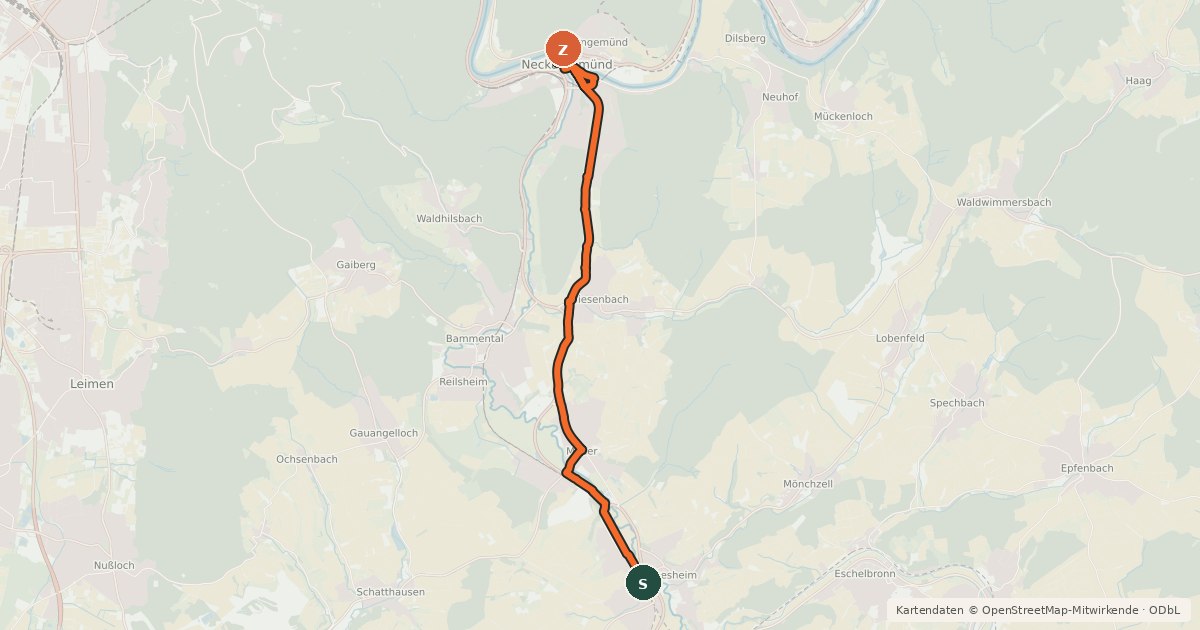 Kartenübersicht der Radroute RadNETZ Neckargemünd - Meckesheim