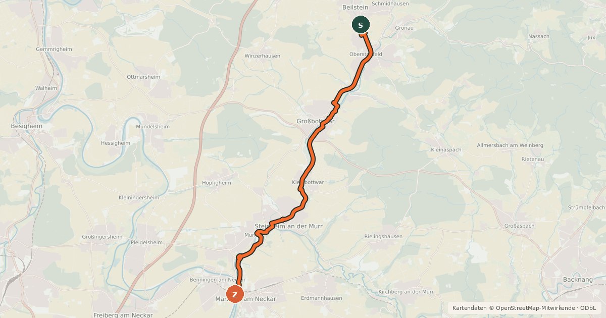 Kartenübersicht der Radroute RadNETZ Oberstenfeld - Marbach