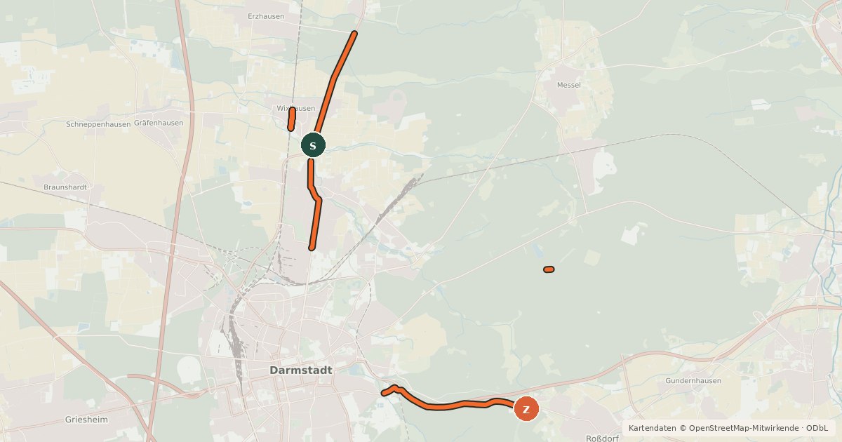Kartenübersicht der Radroute Radnetz Stadt Darmstadt