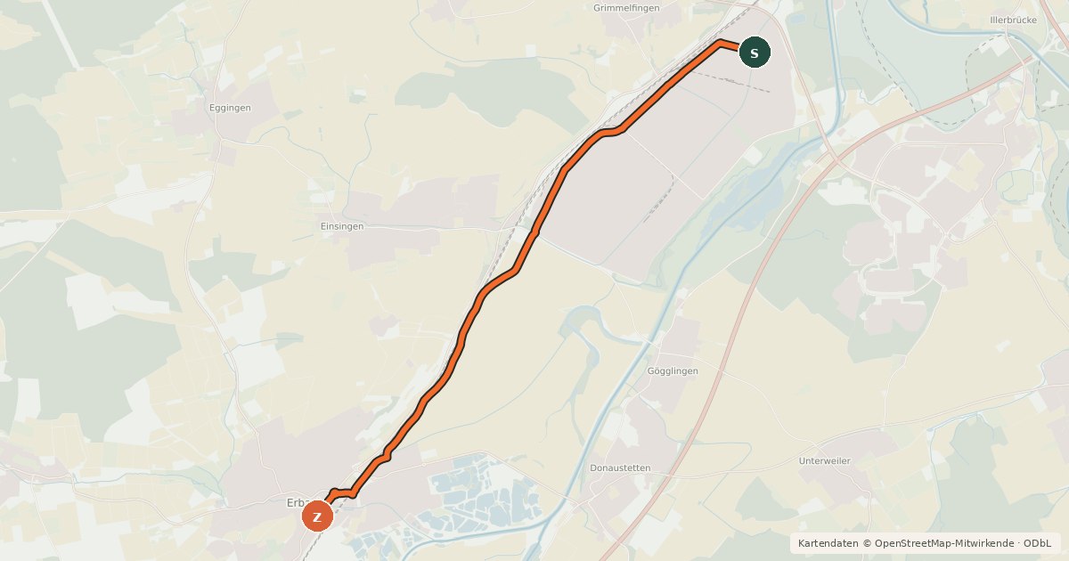 Kartenübersicht der Radroute RadNETZ Ulm-Donautal - Erbach