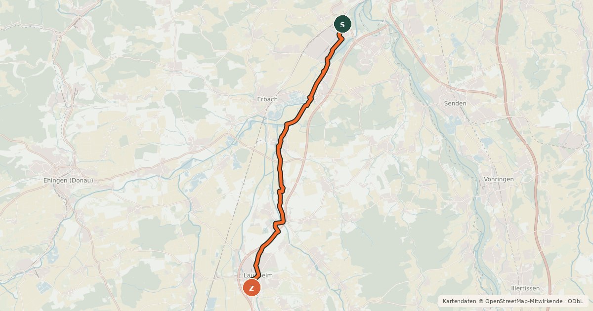 Kartenübersicht der Radroute RadNETZ Ulm-Donautal - Laupheim