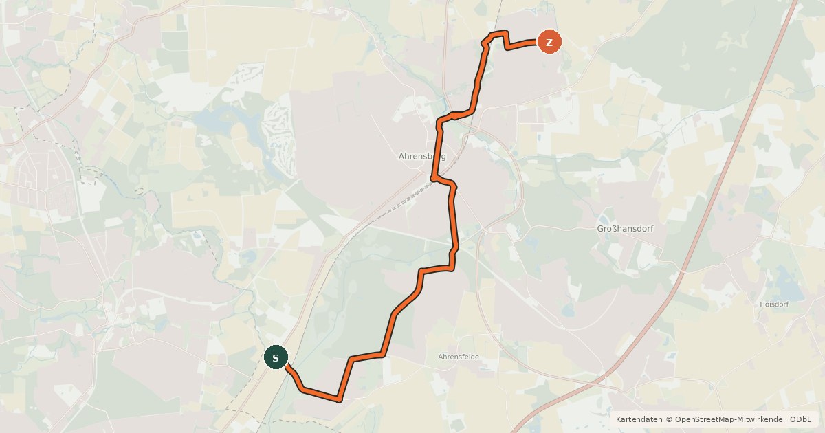 Kartenübersicht der Radroute Radroute A7 Brauner Hirsch <=> Gewerbegebiet Ahbg. Nord
