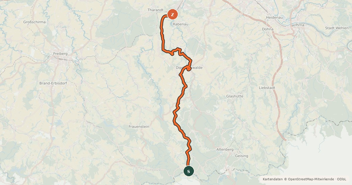 Kartenübersicht der Radroute Radroute Altenberg–Freital