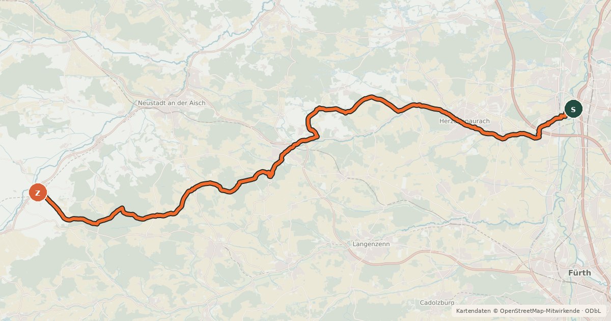 Kartenübersicht der Radroute Radroute Aurachtalradweg