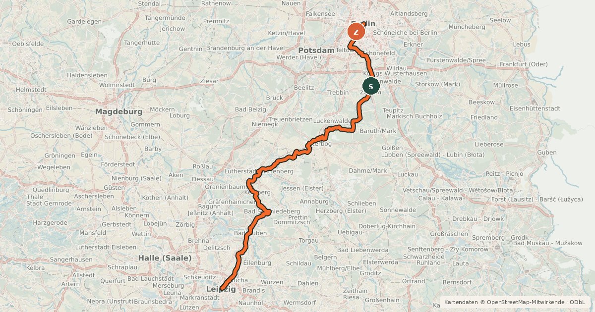 Kartenübersicht der Radroute Radroute Berlin Leipzig [DE-ST (Sachsen-Anhalt)]