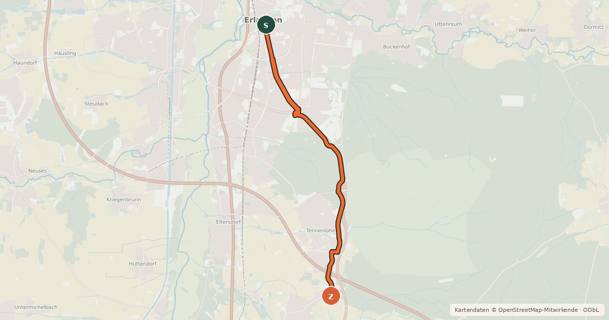 Kartenübersicht der Radroute Radroute Erlangen 2