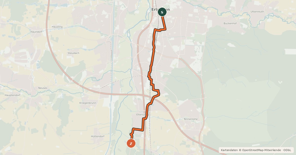 Kartenübersicht der Radroute Radroute Erlangen 3