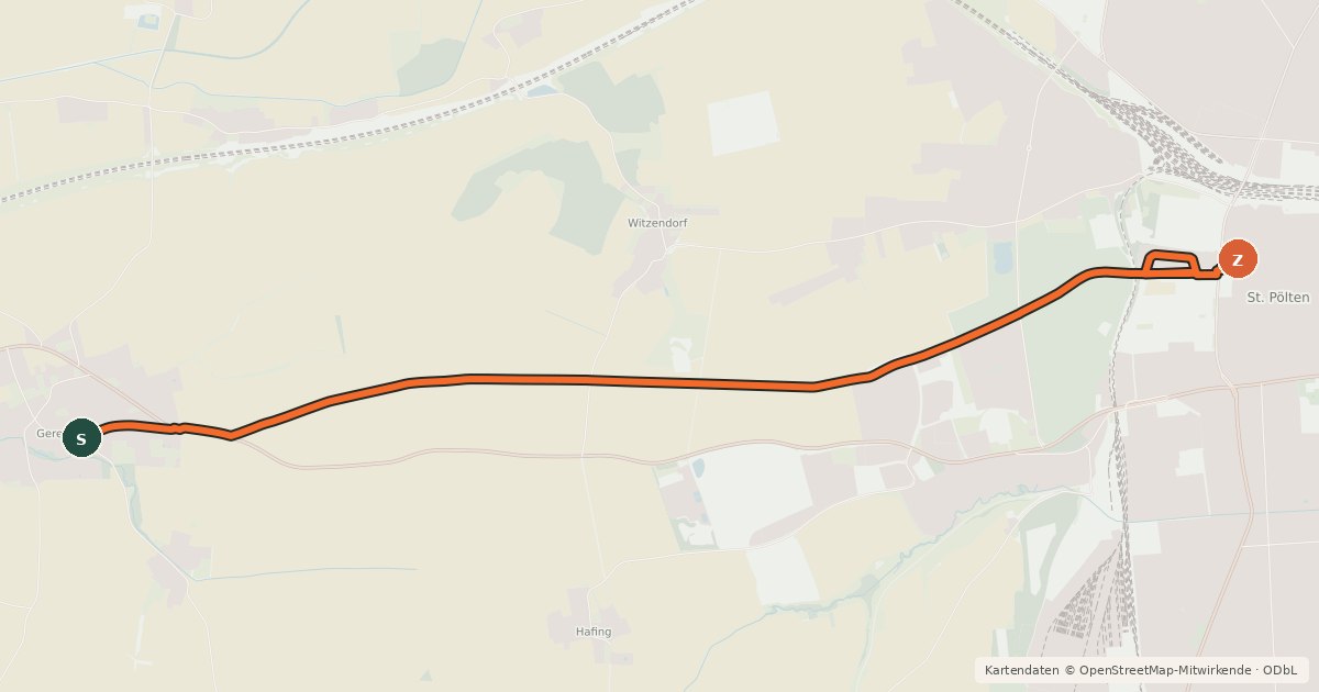 Kartenübersicht der Radroute Radroute Gerersdorf