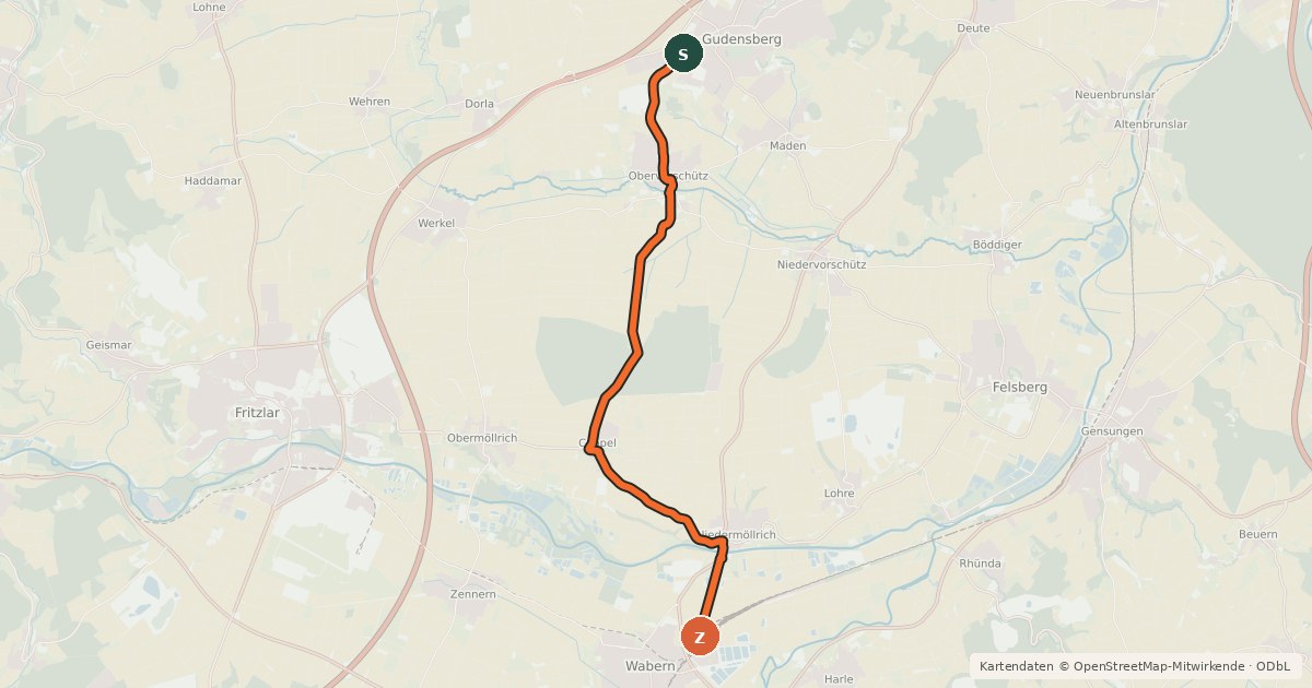 Kartenübersicht der Radroute Radroute Gudensberg - Wabern