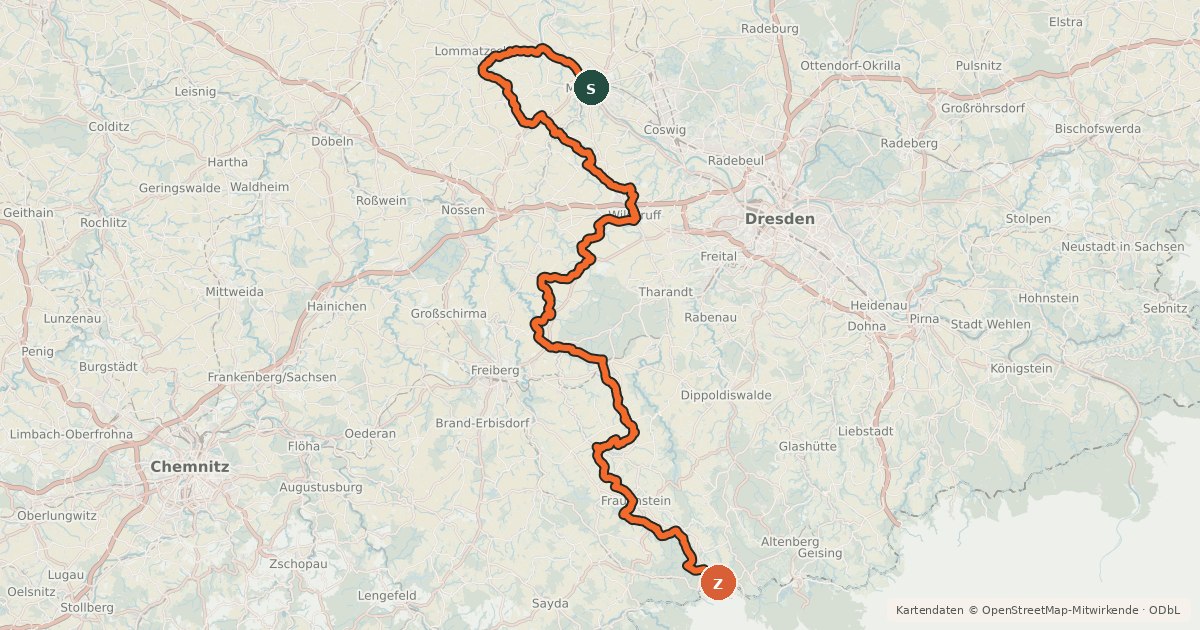 Kartenübersicht der Radroute Radroute Meißen–Osterzgebirge