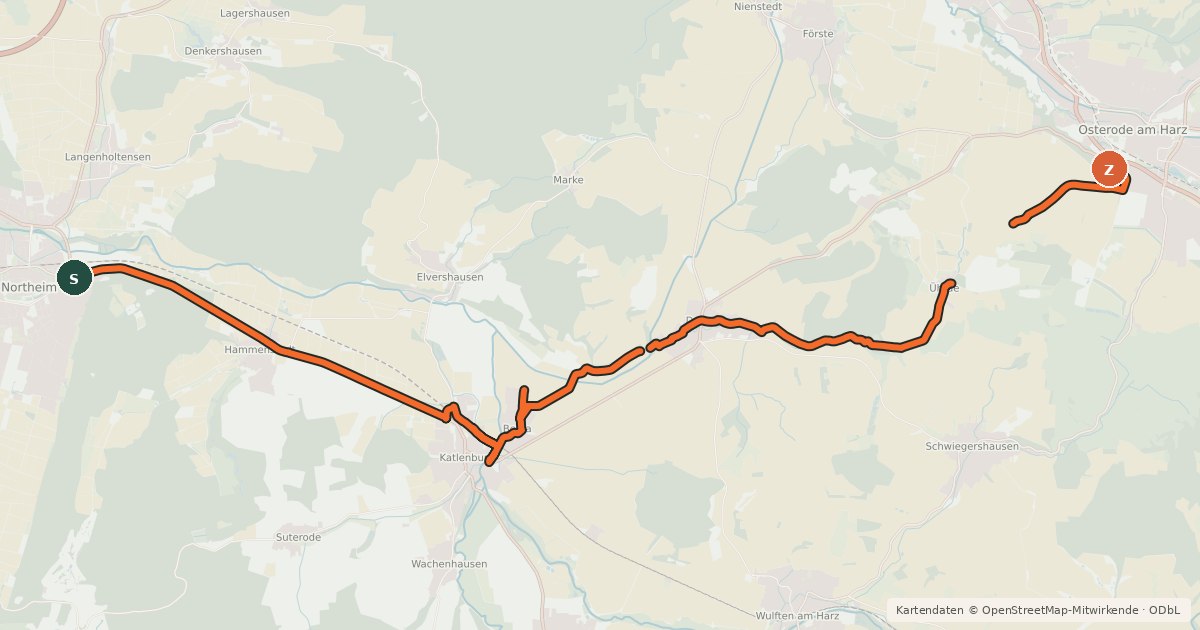 Kartenübersicht der Radroute Radroute Northeim - Osterode/Harz