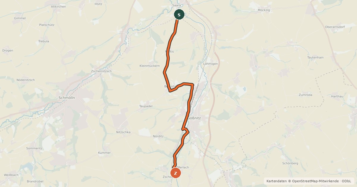 Kartenübersicht der Radroute Radroute R1a im Altenburger Land