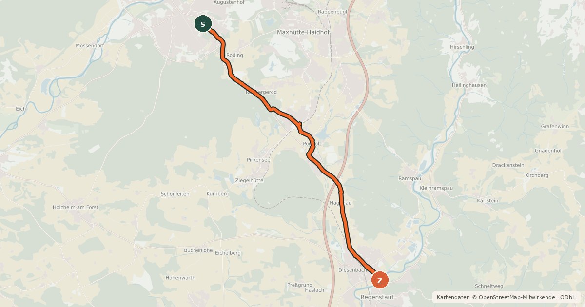 Kartenübersicht der Radroute Radroute Regenstauf - Ponholz - Burglengenfeld