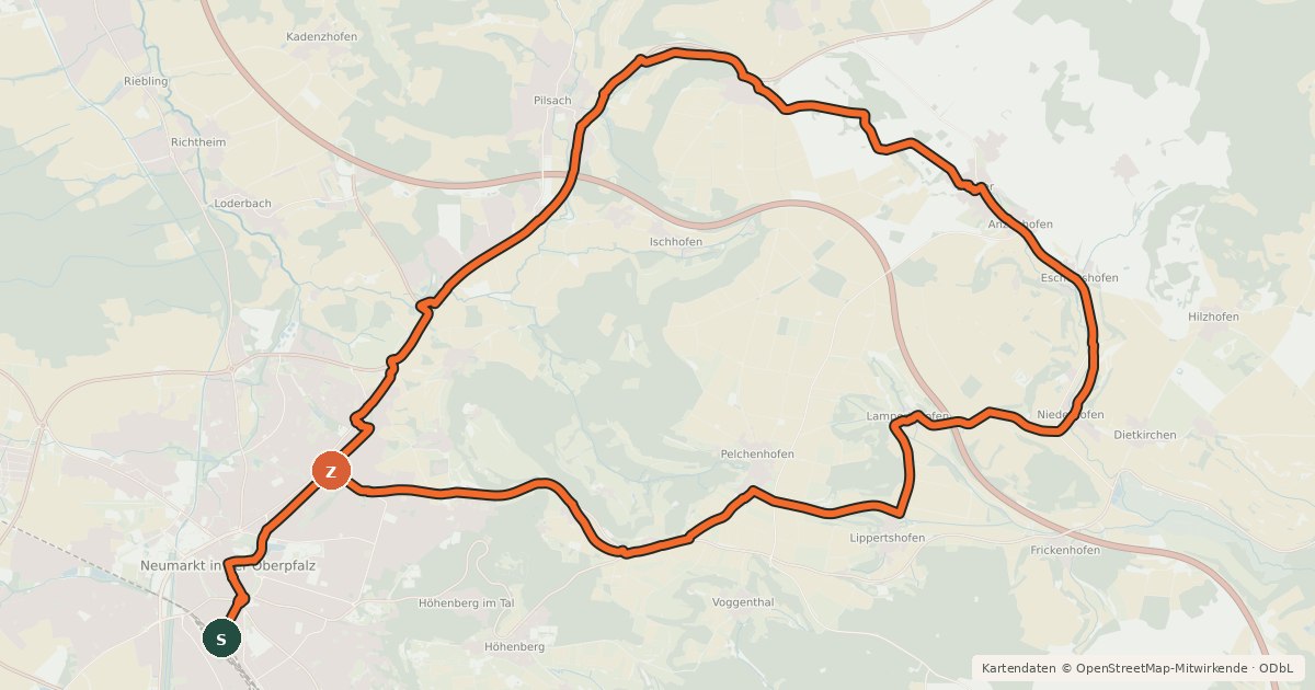 Kartenübersicht der Radroute Radroute Regionalpark Quellenreich - Schleife Neumarkt i.d.OPf.
