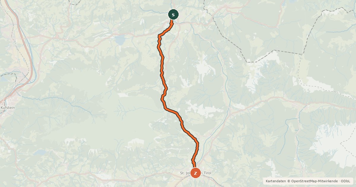 Kartenübersicht der Radroute Radroute St. Johann Kössen über Schwendt