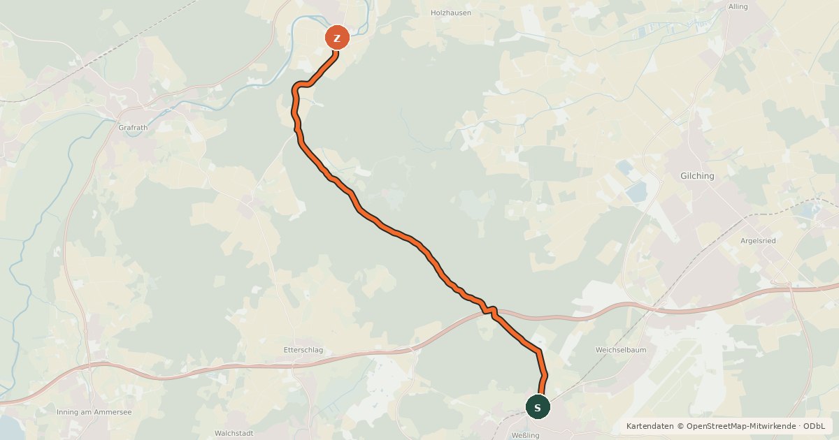 Kartenübersicht der Radroute Radroute Weßling - Schöngeising