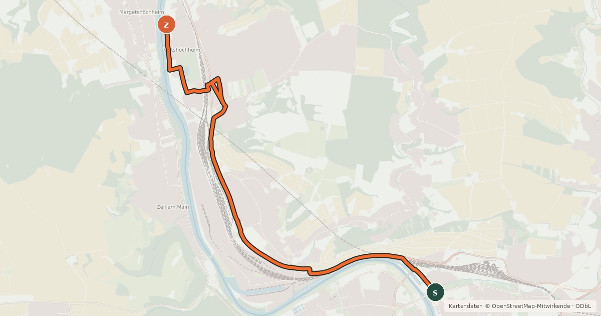 Kartenübersicht der Radroute Radroute Würzburg-Veitshöchheim