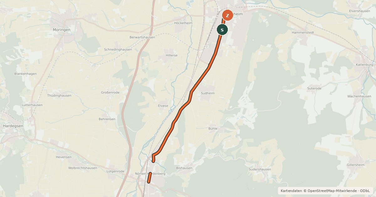 Kartenübersicht der Radroute Radroutennetz NOM Northeim - Nörten-Hardenberg