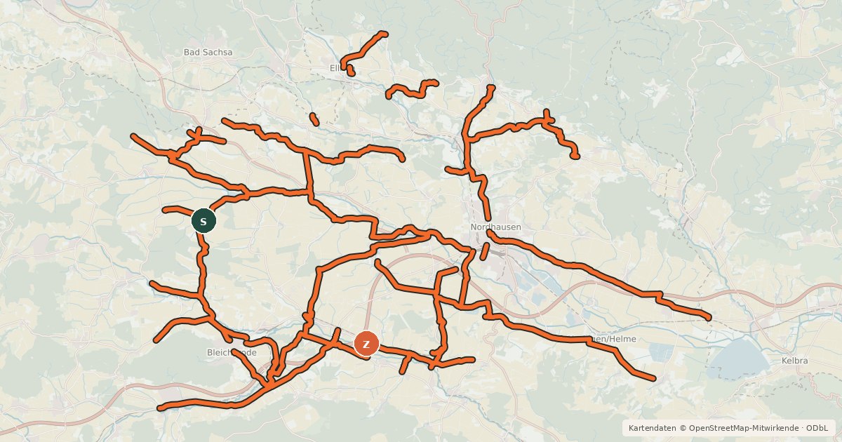 Kartenübersicht der Radroute Radroutennetz Nordhausen