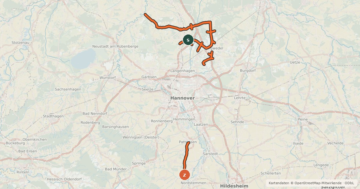 Kartenübersicht der Radroute Radroutennetz Region Hannover