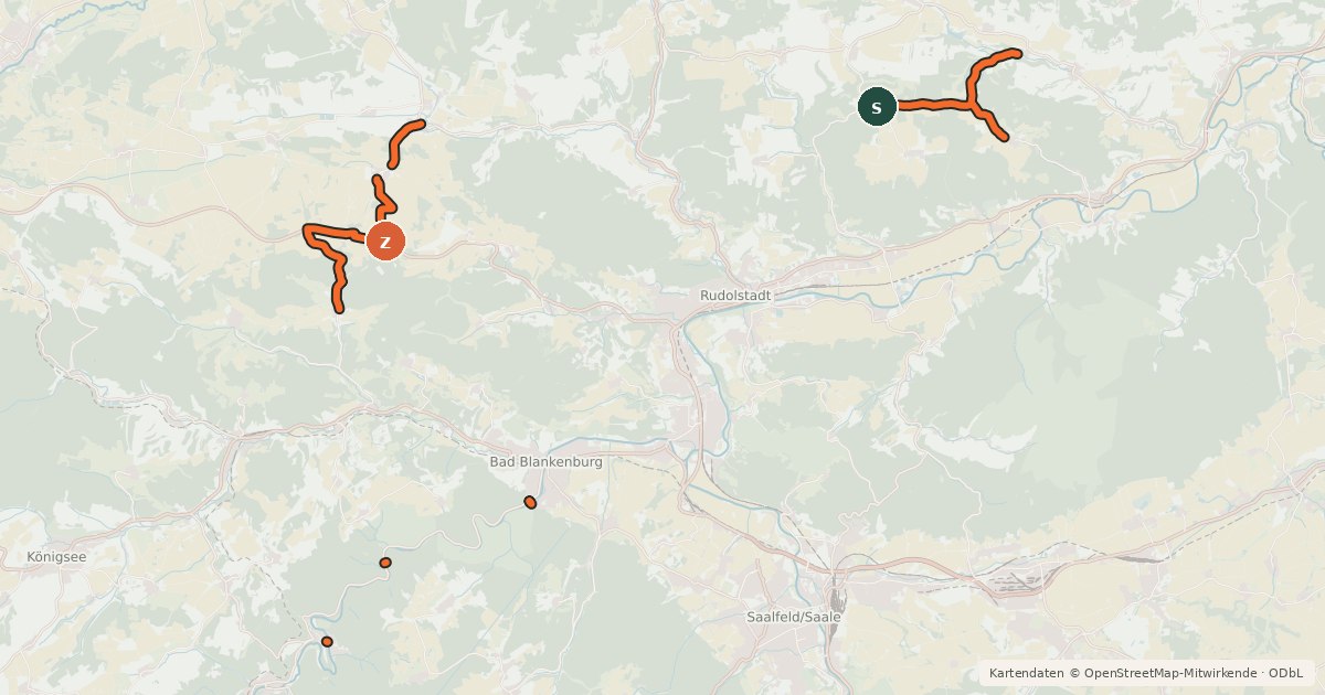 Kartenübersicht der Radroute Radroutennetz Saalfeld Rudolstadt