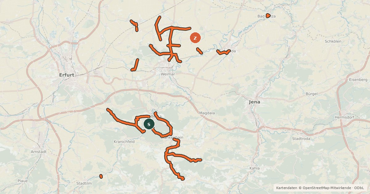 Kartenübersicht der Radroute Radroutennetz Weimar / Weimarer Land