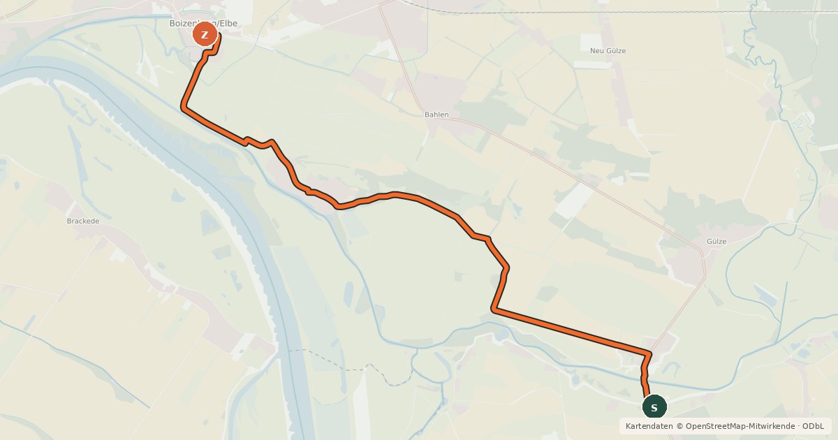 Kartenübersicht der Radroute Radrundweg 2 Teldau-Boizenburg