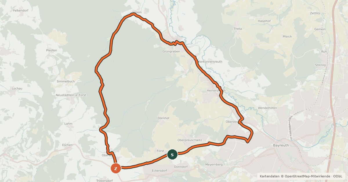 Kartenübersicht der Radroute Radrundweg Bayreuth BT 3