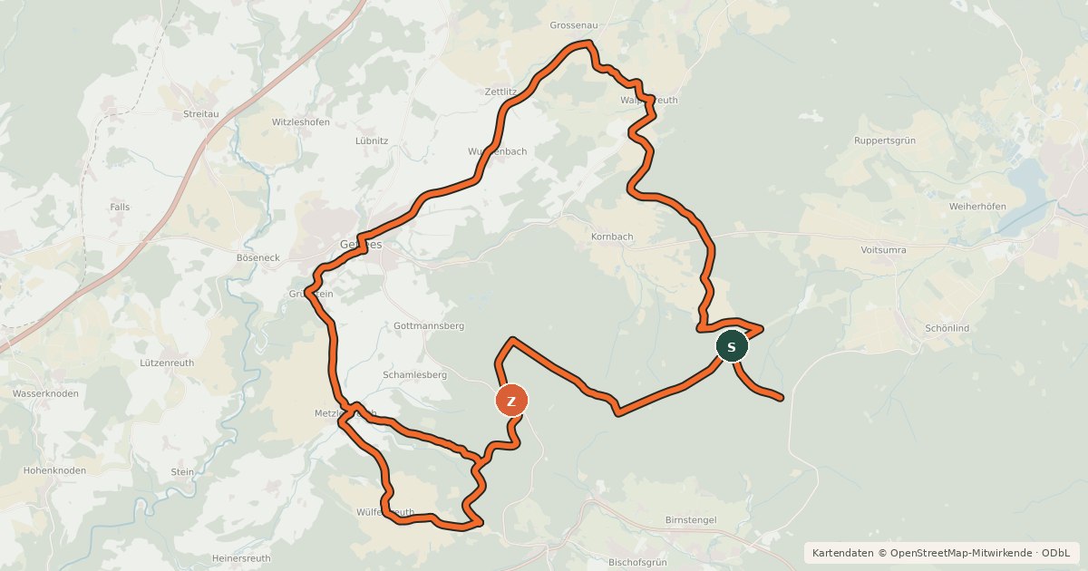 Kartenübersicht der Radroute Radrundweg Bayreuth BT 34