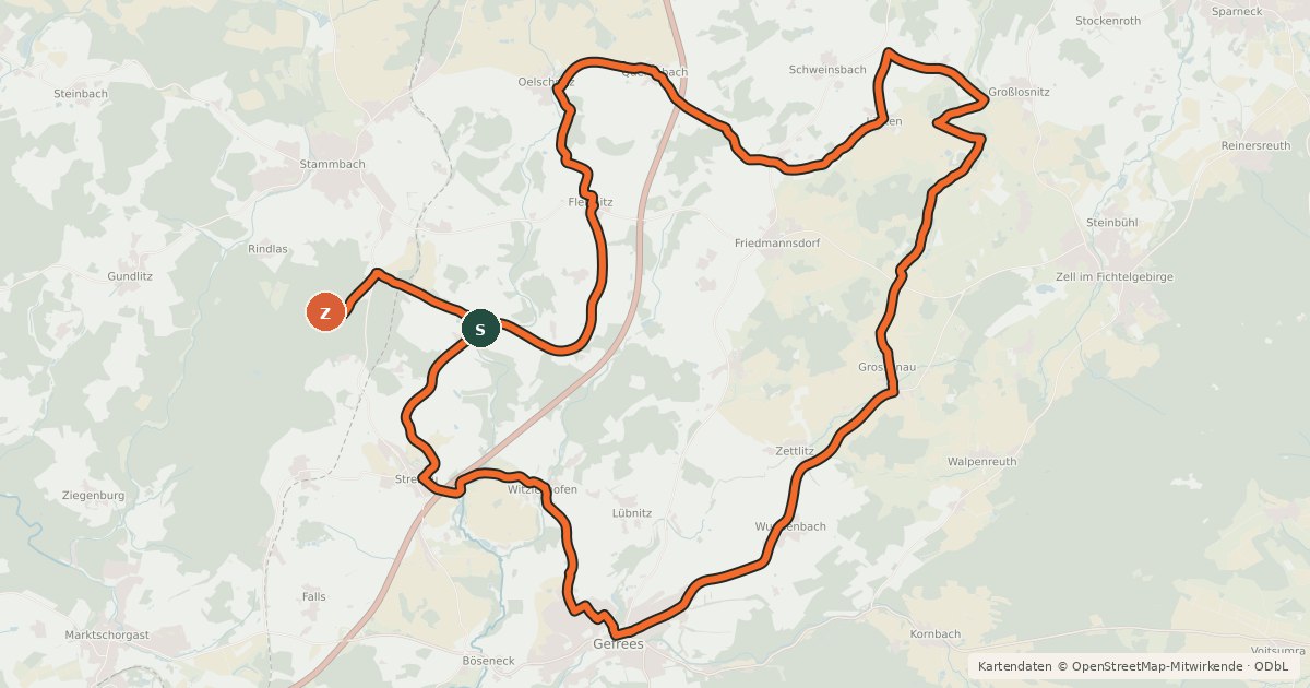 Kartenübersicht der Radroute Radrundweg Bayreuth BT 35