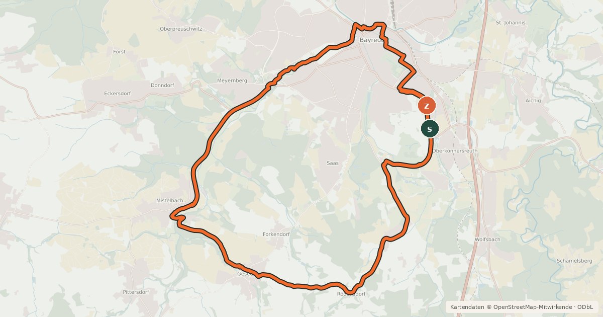 Kartenübersicht der Radroute Radrundweg Bayreuth BT 7