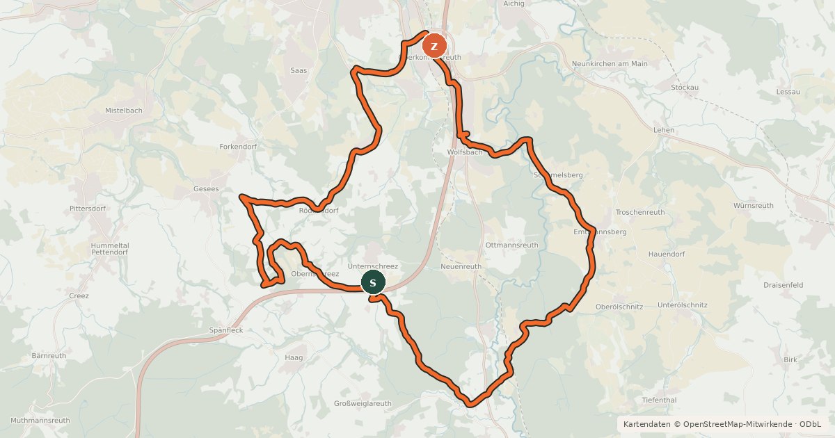 Kartenübersicht der Radroute Radrundweg Bayreuth BT 8