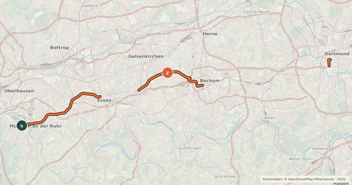 Kartenübersicht der Radroute Radschnellweg Ruhr (RS1)