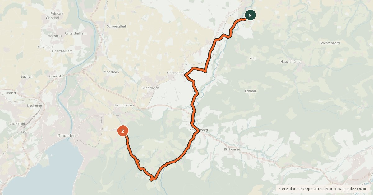 Kartenübersicht der Radroute Radstern Gmunden – Hauptroute