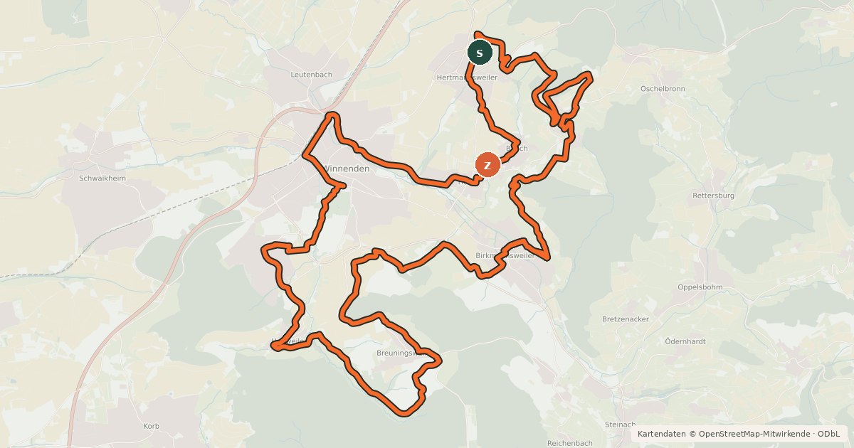 Kartenübersicht der Radroute Radtour Winnenden...durch alle Stadtteile