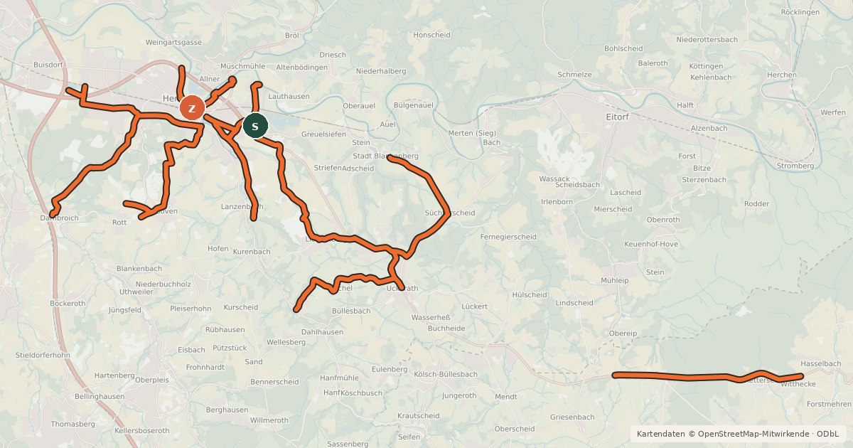 Kartenübersicht der Radroute Radverkehrsnetz Hennef
