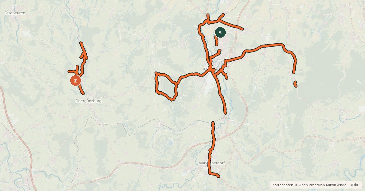 Kartenübersicht der Radroute Radverkehrsnetz Kreis Ostallgäu und Kaufbeuren
