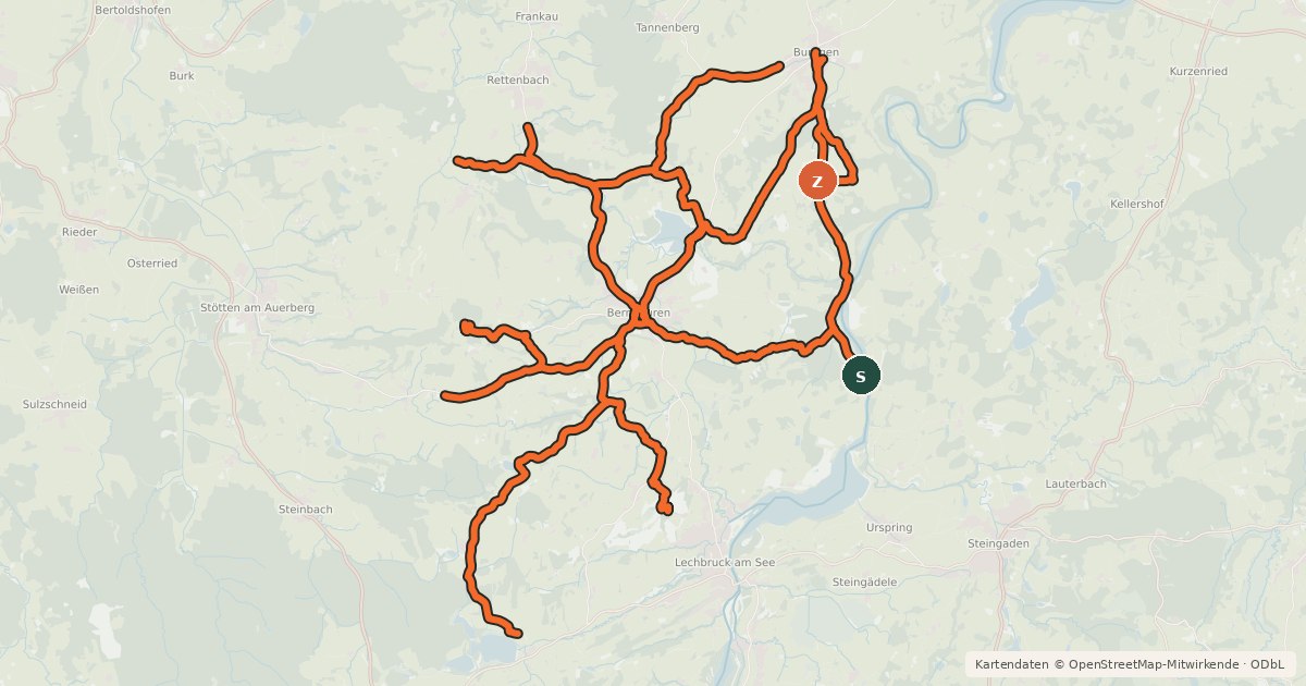 Kartenübersicht der Radroute Radverkehrsnetz Kreis Weilheim-Schongau - Bernbeuren