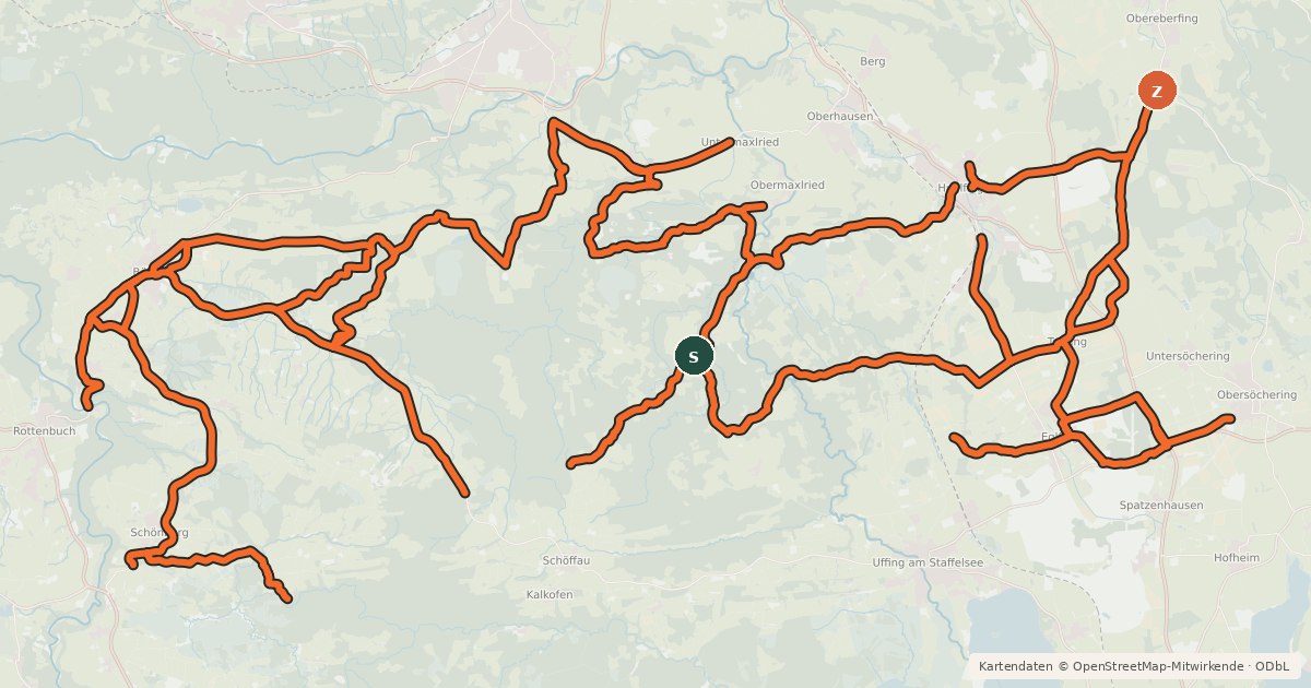Kartenübersicht der Radroute Radverkehrsnetz Kreis Weilheim-Schongau - Huglfing