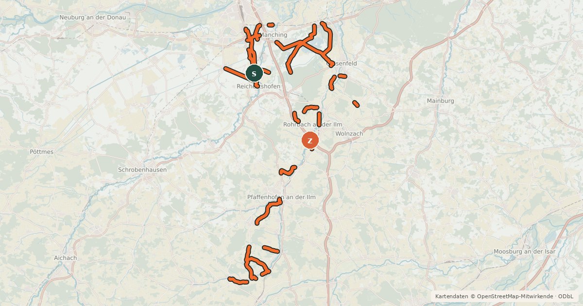 Kartenübersicht der Radroute Radverkehrsnetz Landkreis Pfaffenhofen a.d.Ilm