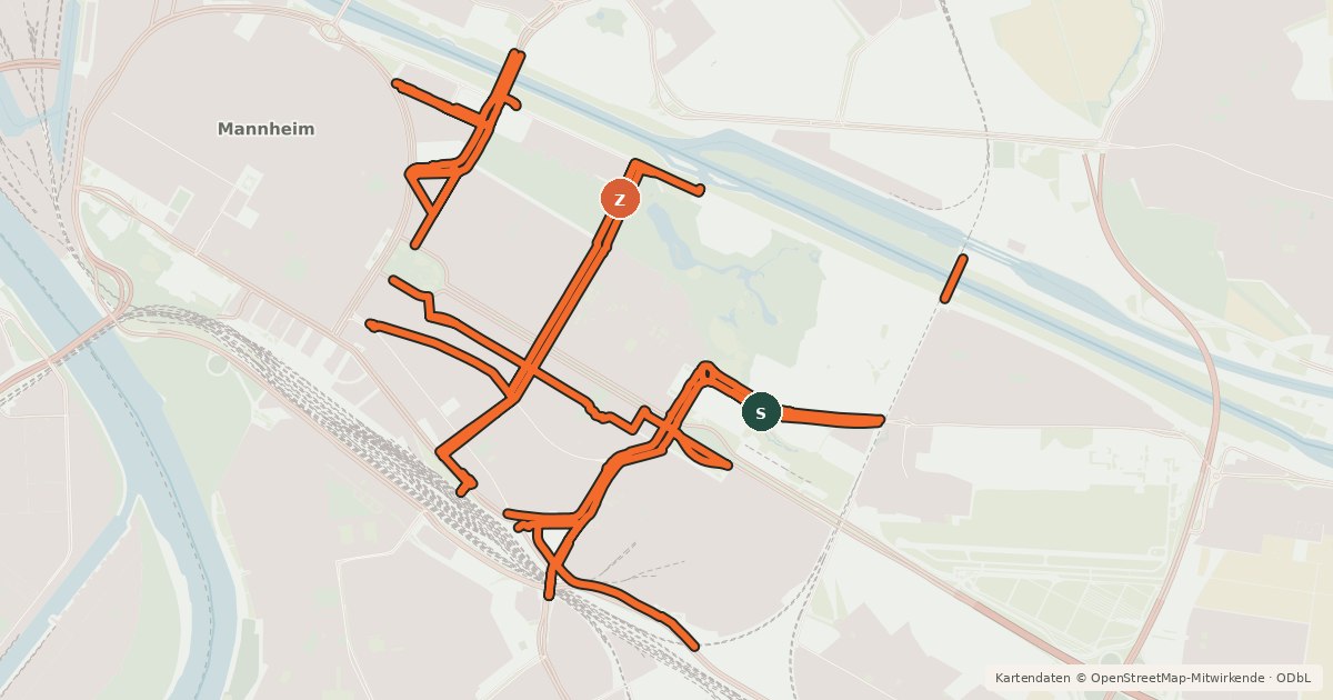 Kartenübersicht der Radroute Radverkehrsnetz Mannheim-Schwetzingerstadt/Oststadt